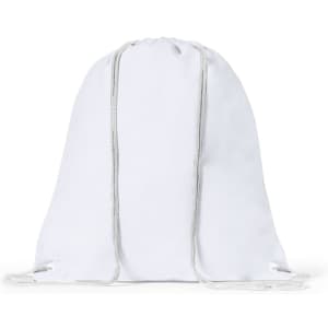 A white drawstring bag with grey cords and a logo, featuring a simple and sleek design.