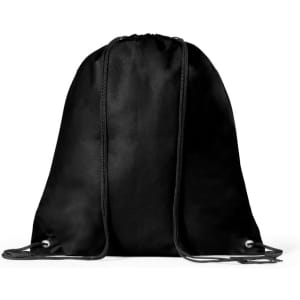 A black drawstring bag with a smooth fabric texture and contrasting drawstrings. It features a logo on the front.