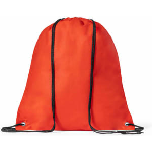 An orange drawstring bag with black cords, featuring a simple design and a logo.
