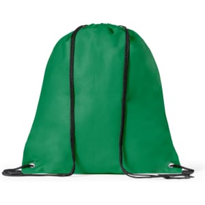 A green drawstring bag with black cords and eyelets, featuring a plain design.