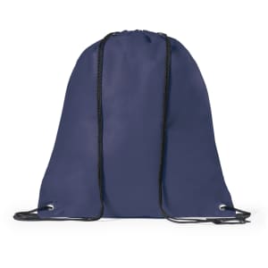 A navy blue drawstring bag with black cords and eyelets, featuring a simple design.
