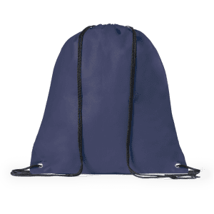 A navy drawstring bag with black straps and eyelets, featuring a simple design and a logo.