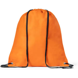 An orange drawstring bag with black cords, featuring a logo on the front.