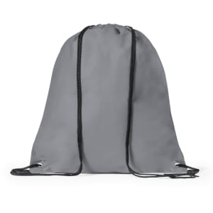 A grey drawstring bag with black cords, featuring a logo on the front.
