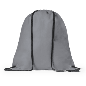A grey drawstring bag with black cords, featuring a simple design and a logo.