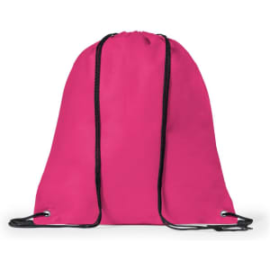 A bright pink drawstring bag with black cords, featuring a logo on the front.