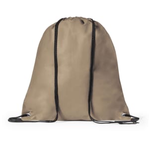 A beige drawstring bag featuring black straps and a simple design, suitable for various uses.