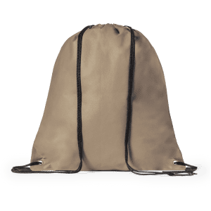 A tan drawstring bag featuring black cords and a simple design. It has a logo on its surface.