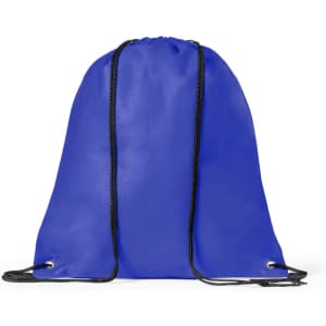 A blue drawstring bag with black cords and eyelets, featuring a simple design.