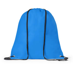 A blue drawstring bag with black cords and eyelets at the base. It has a simple design and no visible logos.