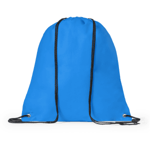 A blue drawstring bag with black straps and eyelets, featuring a simple design and no visible branding.