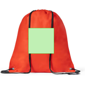 An orange drawstring bag with black cords and a blank green square in the centre.