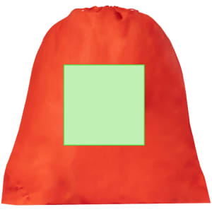 An orange drawstring bag featuring a blank green square in the centre. The bag has one logo.