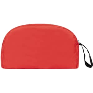 A red toiletry bag with a curved top and a black wrist strap, featuring a logo on one side.