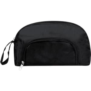 A black toiletry bag with a main zip compartment and an additional front pocket. It has a handle for easy carrying.
