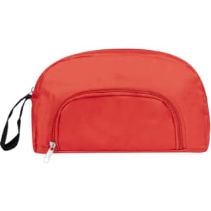 A red toiletry bag with a curved design, featuring a front zip pocket and a handle. It has a logo on the surface.