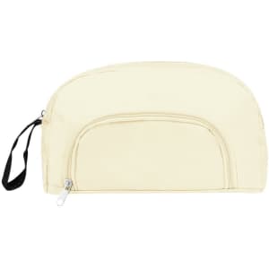 A cream toiletry bag with a zippered main compartment and a front pocket, featuring a black strap and logo.