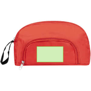 A red toiletry bag with a zippered compartment and a flat pocket, featuring a logo.