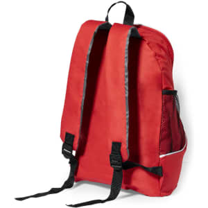 A red backpack with black straps and a mesh side pocket, featuring a logo on the front.