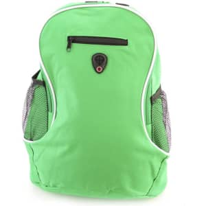 A green backpack with a zippered front pocket and mesh side pockets. It features a logo on the front.