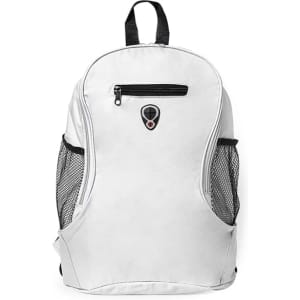 A white backpack with a logo and side mesh pockets, featuring a zippered front compartment.
