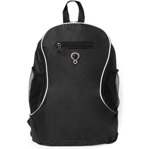 A black backpack with a structured design, featuring mesh side pockets and a front zip pocket. It has a logo on the front.