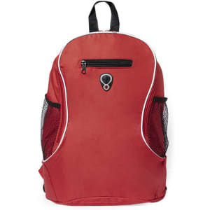 A red backpack featuring a zippered front pocket, mesh side pockets, and a logo.