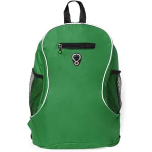A green backpack features a front zip pocket and mesh side pouches, with a logo displayed on the front.