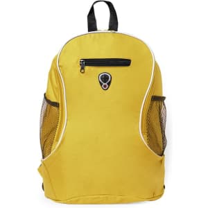 A yellow backpack with a front zip pocket, side mesh pockets, and a logo on the front.