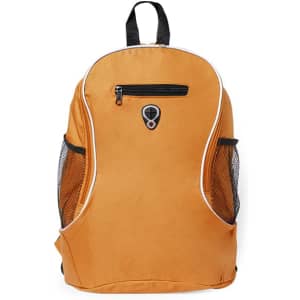 An orange backpack with a front zip pocket, mesh side pockets, and a logo on the front.