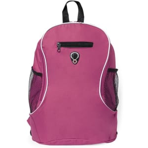 A pink backpack featuring a front zip pocket, side mesh pockets, and a logo on the front.