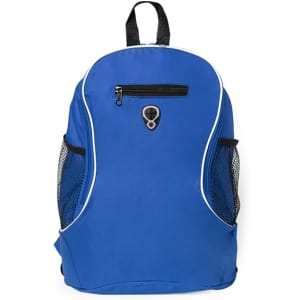 A blue backpack with a front zip pocket and mesh side pockets, featuring a logo.