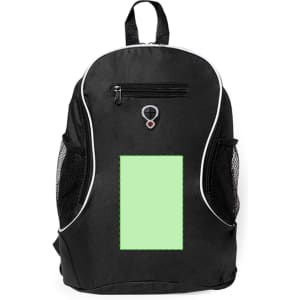 A black backpack featuring a zippered compartment, mesh pockets, and a green blank panel for customization.