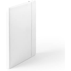 A white notebook with a soft cover and an elastic band, featuring a logo on the front.