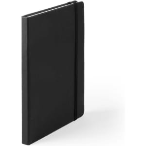 A black notepad with a sleek design and an elastic band closure. Features a logo on the cover.