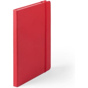 A red notepad with a smooth cover and an elastic band, featuring a logo on the front.