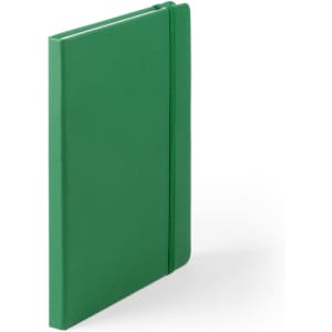 A green notebook with a textured cover and an elastic band closure, featuring a branding logo.