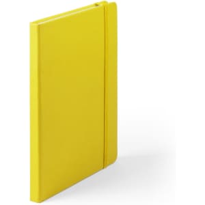 A yellow notepad with a smooth cover and an elastic band for closure, featuring a logo on the front.