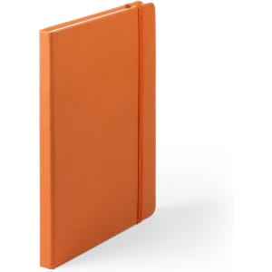 An orange notepad with a flexible cover and an elastic band. Features a logo on the front.