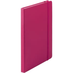 A pink notepad with a flexible cover and an elastic band for closure, featuring a logo.