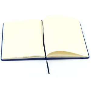 A notepad with a blue cover, opened to reveal blank cream pages and a ribbon bookmark.