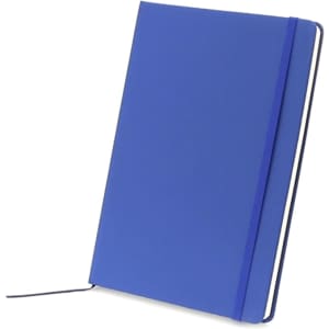 A blue notepad with a smooth cover and an elastic band closure, featuring a ribbon bookmark.