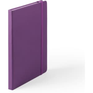 A purple notebook with a matching elastic band, featuring a simple design and a logo on the cover.
