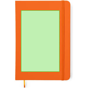 An orange notepad with a green front cover and an elastic band. It includes a bookmark ribbon and has a logo.