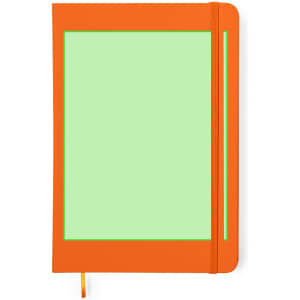 An orange notepad with a green interior and an elastic band, featuring a branding logo.