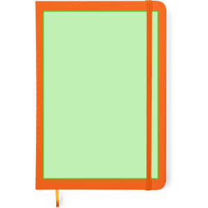 A notepad with a green interior and an orange cover, featuring an elastic band and ribbon bookmark.