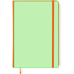 A green notepad with an orange elastic band and bookmark, featuring a logo on the cover.