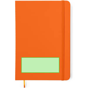 An orange notepad with a green label area and a ribbon bookmark. It features a logo on the cover.