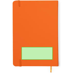 An orange notepad featuring an elastic closure and a green area for labelling. It includes a logo on the cover.