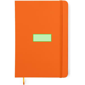 An orange notepad with a green rectangular section and an elastic closure. It includes a logo on the cover.